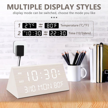 Kogonee Wooden Digital Alarm Clock, 0-100% Dimmer, 2 Alarm Settings, Weekday/Everyday Mode, 9 Mins Snooze, 12/24H, Temperature and Date Display for Office, Travel, Bedroom Alarm Clock (White)