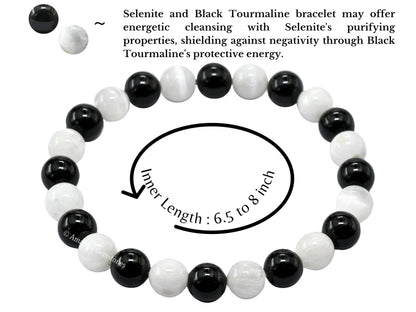 Amazing Gemstone Crystal Bracelet for Women Men's Gifts - Protection Healing Crystal Bracelet - 8mm Gemstone Beaded Stretchable Bracelet Pulseras Para Hombres Mujer Stocking Stuffers Mothers Day Gift (Black Tourmaline Selenite)