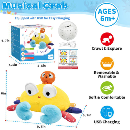 Infowush Baby Toys 6-12-18 Months - Musical Crawling Crab Plush Toy, Dancing Walking Bouncing Tummy Time Toy Interactive Sensory Learning Toys for Toddlers 1-3, Birthday Gifts for Infants Boys Girls