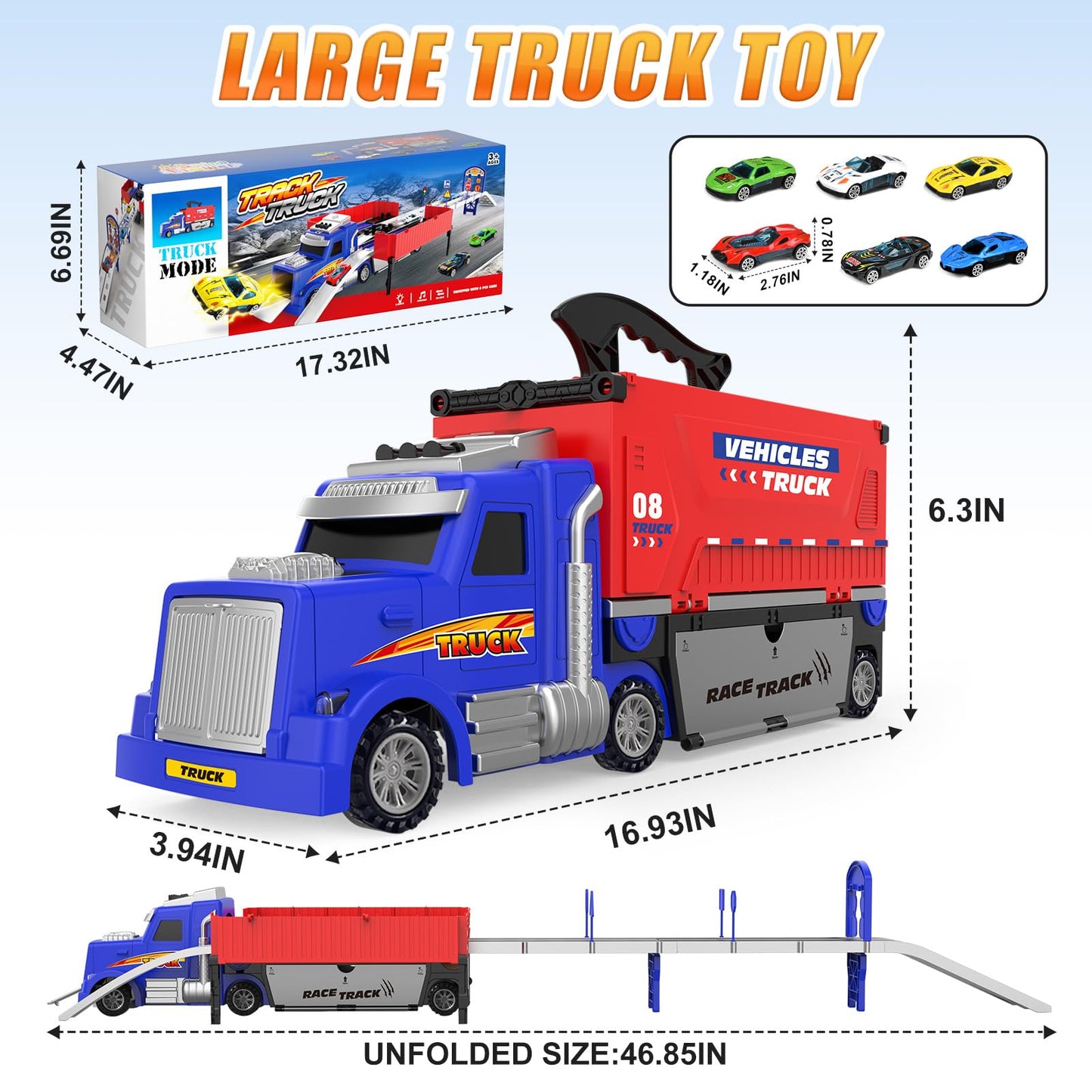 SpringFlower Carrier Truck Race Track Toys, Boy Toys for 3 4 5 6 Years Old Boys with Lights Sounds, Transporter Race Track with 6 Die-Cast Car, Vehicle Toy for Kids Birthday Gifts