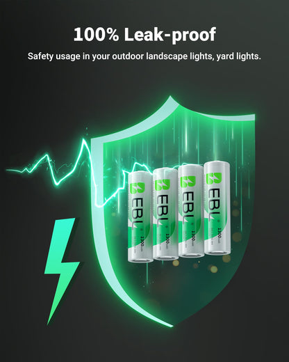 EBL Solar AA Battery Rechargeable Batteries for Outdoor Solar Lights, 1300mAh NIMH Pre-Charged 1.2V Recharge up to 1200x Times for Garden Landscaping String Lights, Pack of 12