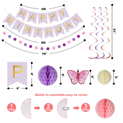 meowtastic Birthday Decorations, Happy Birthday Banner with Honeycomb Balls, Butterfly Hanging Swirl Streamers, Circle Dots Garland, Happy Birthday Party Decorations for Women Men Boys Girls (Purple)