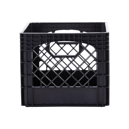 Plastic Milk Crate Storage Tote with Handles, 16-Quart Stackable Cube Organizer for Garage, Home, and Office, Made in the USA, 13" x 13" x 11" (1-Pack) - Black