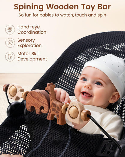 TinlyFinly Baby Bouncer Toy Bar Wooden Compatible with Baby Bjorn, Bouncer Toy Attachment Tight and Secure Fit, So Fun to Watch, Touch and Spin for Babies All Ages - Animals