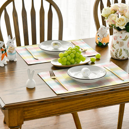 Artoid Mode Blue Pink Yellow Buffalo Plaid Placemats Set of 4, 12x18 Inch Seasonal Easter Table Mats for Party Kitchen Dining Decoration