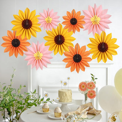 PAPER JAZZ Sunflower Party Decorations: 9 Sunflower Paper Fans & Flower Garlands, Summer Orange Pink Sunflowers, Wedding & Baby Shower Decor