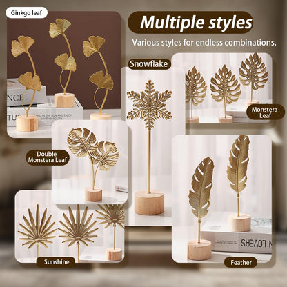 Uimoky Gold Leaf Home Decor Set - Metal Leaves Statues, Modern Artistic Sculptures for Living Room, Office, Shelf & Home Decorative, Handmade 3D Botanical Accents (Monstera, Feather, Ginkgo, 3PCS)