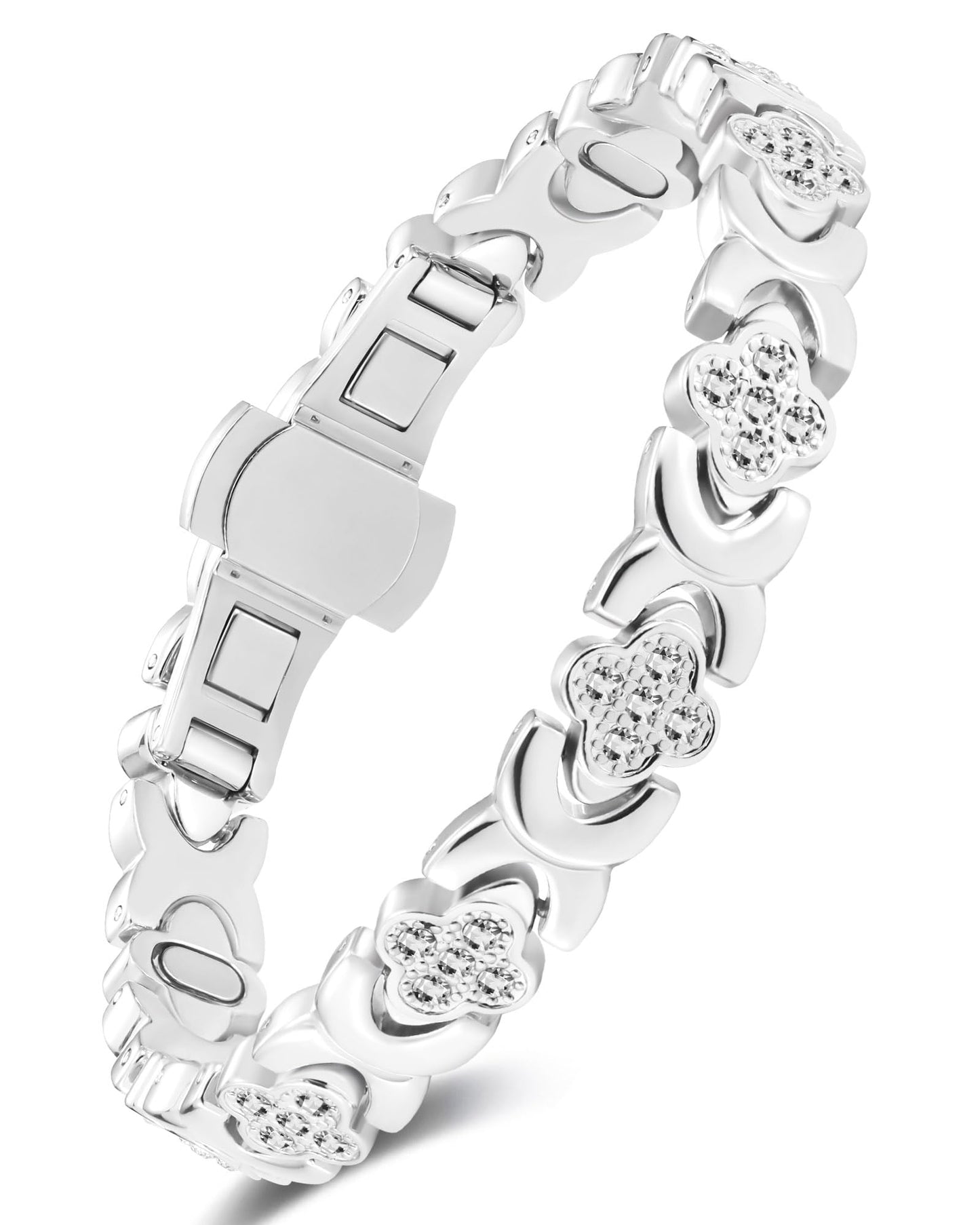 Feraco Pure Copper Bracelets for Women, 5X Ultra Strength Magnetic Bracelet with 5000 Gauss Magnets & Sparkling Cubic Zirconia, Upgraded Butterfly Clasp, Infinite Clover Jewelry Gift (Silver)