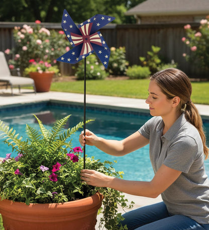 Regal Art & Gift Americana Pinwheel Spinner Stake, Patriotic Metal Wind Sculpture, Weather-Resistant Decorative Kinetic Yard Art for Outdoor Garden and Lawn – Star