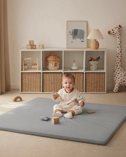Blissful Diary Vegan Leather Baby Play Mat, 50x50 Thicken Foam Cushioned & Waterproof Playpen Mat for Infants and Toddlers, Stylish and Just Wipe-Clean Playmat for Baby Play on Floor, Light Gray