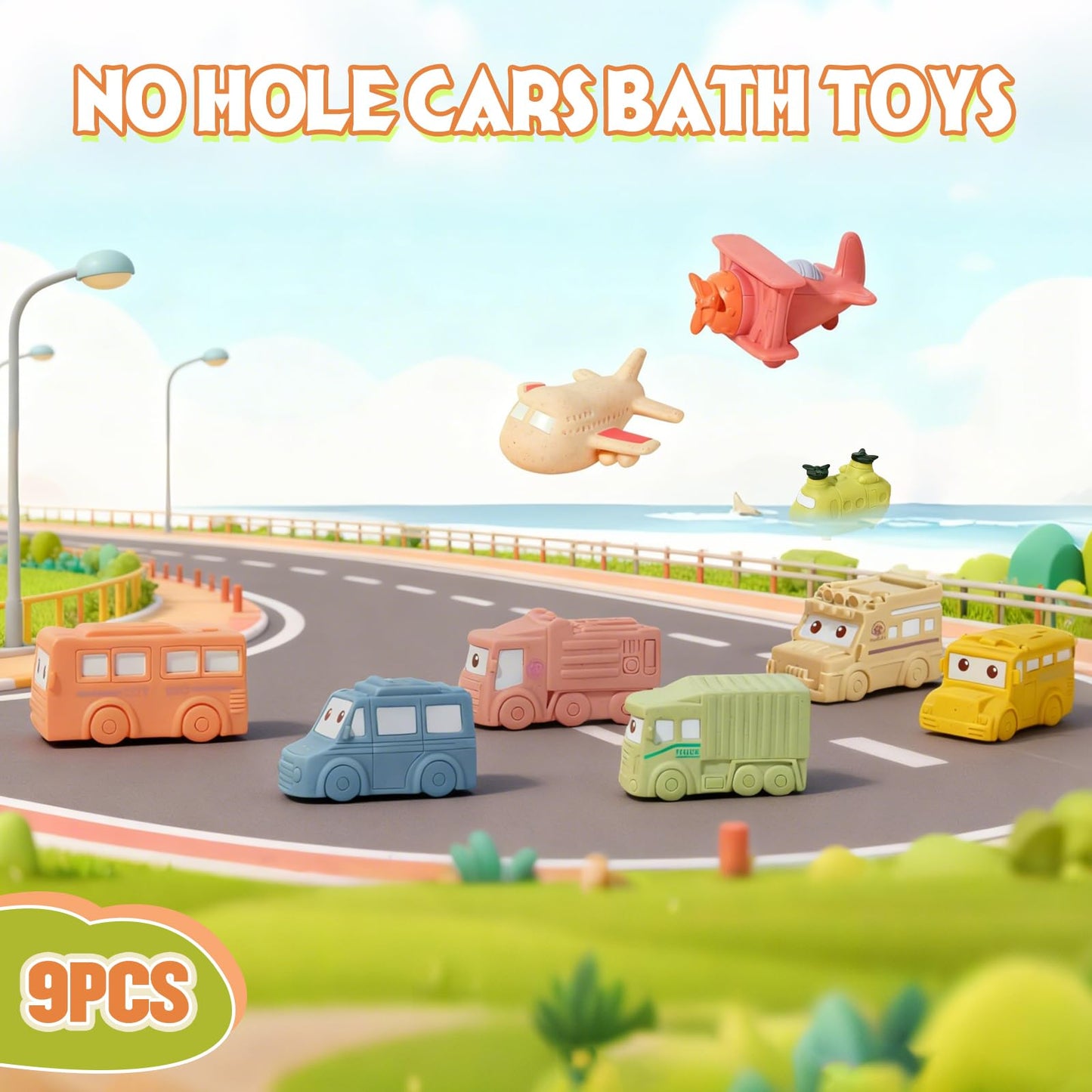 Baby Bath Toys 9 Pack Cars Floating Bath Toys Mold Free, for Infants 6-12 & Kids Ages 1-3, No Hole Bathtub Toys for Toddlers 1-3 Water Pool Toy for Baby Toddler