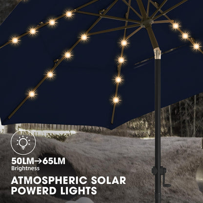 wikiwiki 9FT 3Tiers Solar Led Patio Umbrella, Sturdy Outdoor Market Umbrella for Deck, Pool, Garden w/Tilt, Crank, 32 LED Lights, Navy Blue