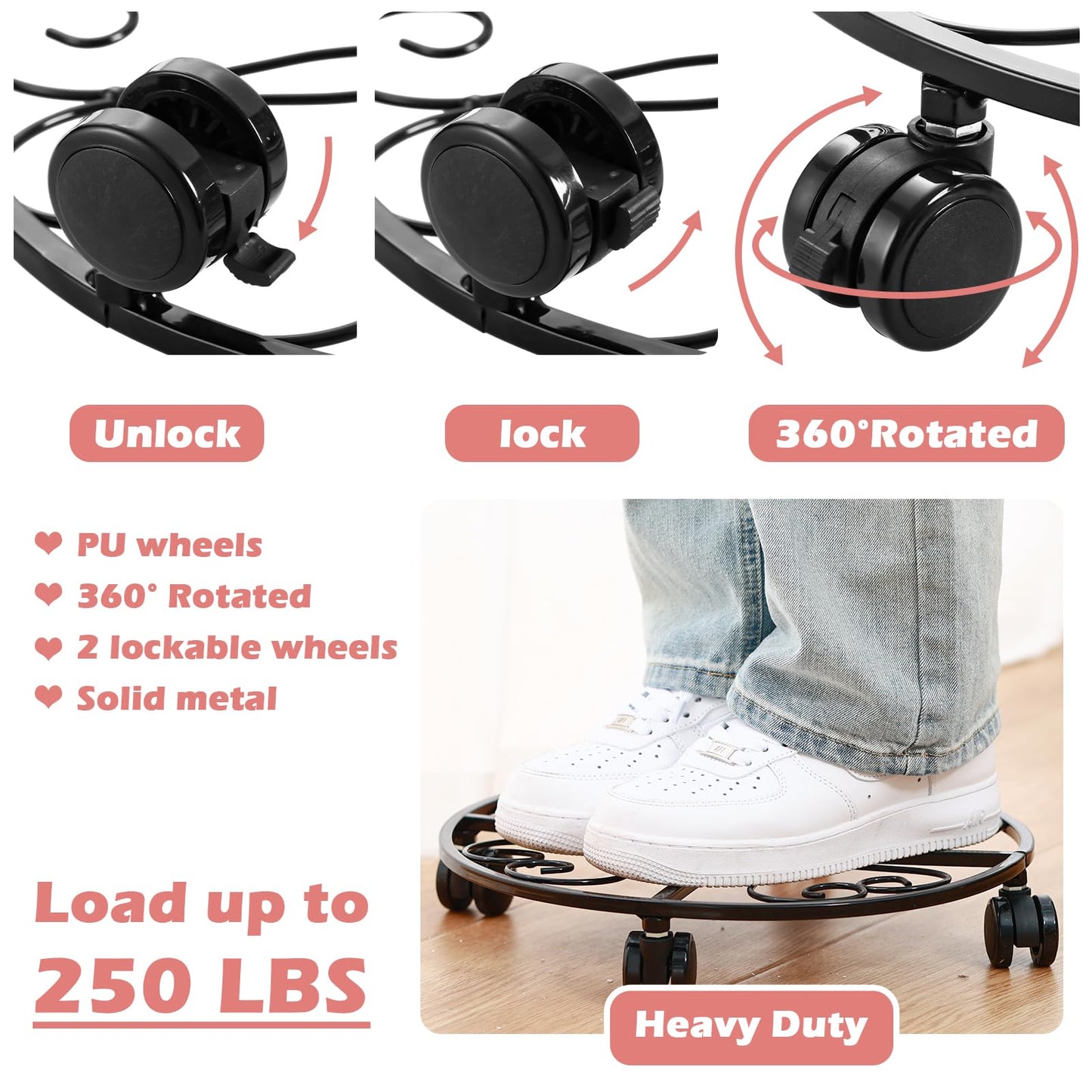 lucpur 6 Pack Metal Plant Caddy with Wheels, 12 Inch Plant Stand with Wheels Heavy Duty Wrought Iron Rolling Plant Caddy Plant Dolly Plant Rollers Plant Cart Large Plant Mover