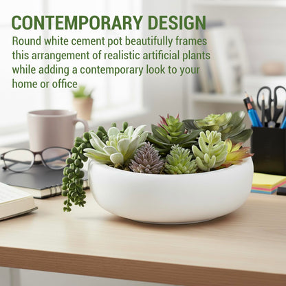 MyGift 8 Inch Round Modern Artificial Succulent Arrangement Potted in White Concrete Plant Bowl, Assorted Faux Mini Succulents in a Decorative Planter Pot