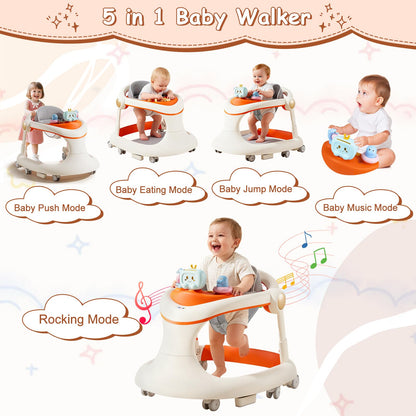 Baby Walker with Wheels, 5-in-1 Foldable Baby Walker for Boys and Girls 7-18 Months with Adjustable Height Detachable Seat and Music Tray Baby Activity Walker, Anti-Fall Activity Center for Boys Girls