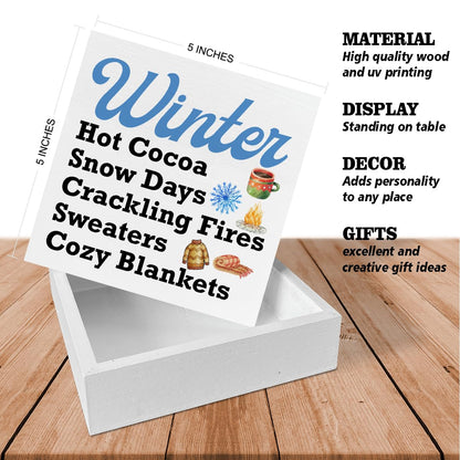 Winter Wooden Block Sign Winter Hot Cocoa Blankets Wooden Box Sign Decor for Home Living Room Kitchen Table Desk Shelf