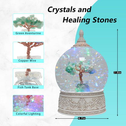 Green Aventurine Healing Crystal Tree Globe Colorful Lights and Glitter, Natural Gemstone Base, Spiritual Meditation, Positive Energy Good Luck, Home Decor, Birthday Gifts (Green Aventurine)