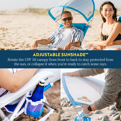 GCI Outdoor Sunshade Backpack Beach Chair | Reclining Folding Canopy Chair with Durable Armrests, Drink Holder & Carry Straps, Perfect for Beach Trips & Picnics — Saybrook Blue