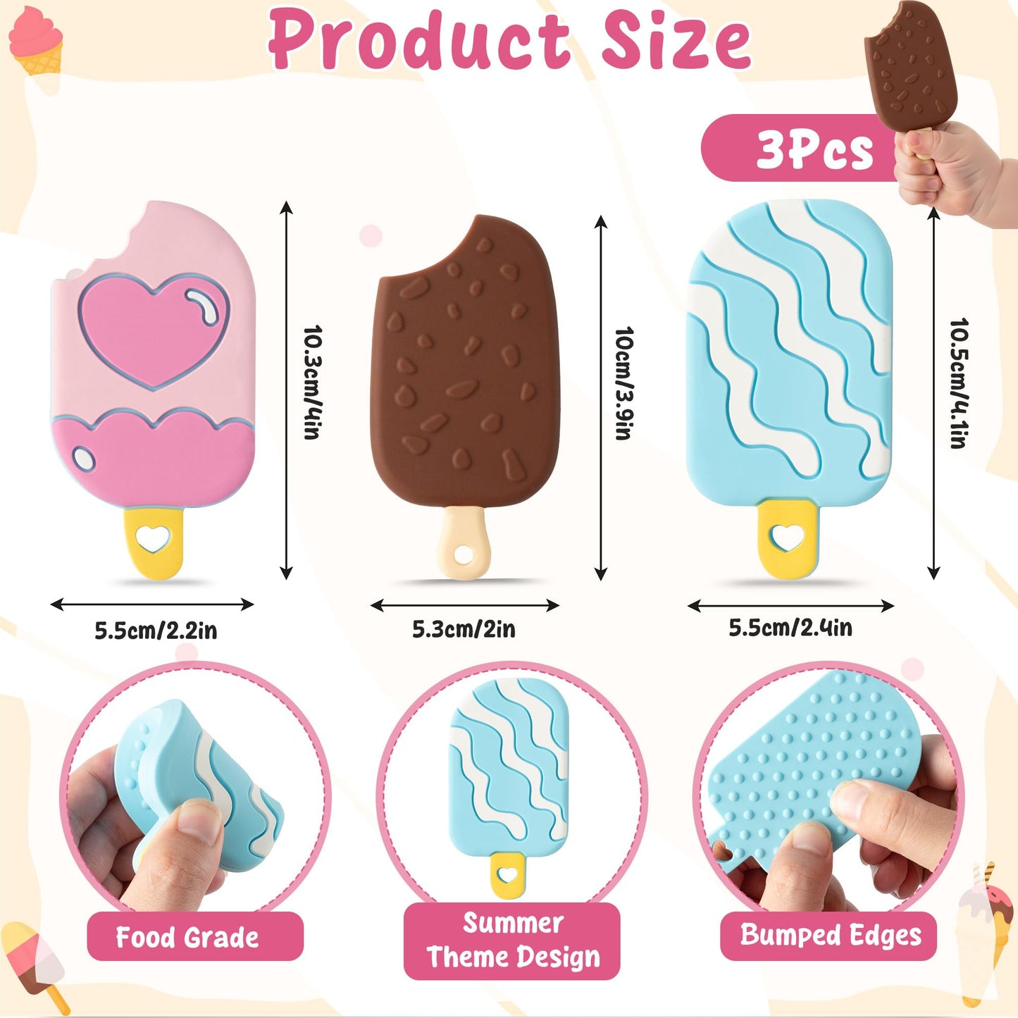Summer Silicone Teether Toy for Babies - 2ooya 3Pcs Ice Cream BPA Free Food Grade Teething Sensory Toys Infant Toddler Soft Sore Gums Pain Teething Relief Chew Teether for Newborn 6-12 Months Birthday