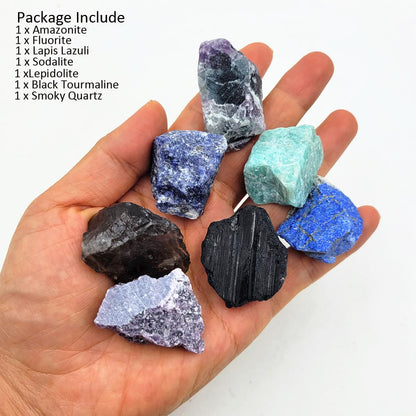 7Pcs Energy Crystals for Home Protection Raw Crystals Set of Smoky Quartz,Fluorite,Black Tourmaline,Lepidolite,Lapis Lazuli,Sodalite,Amazonite(Crystals for Home Protection)