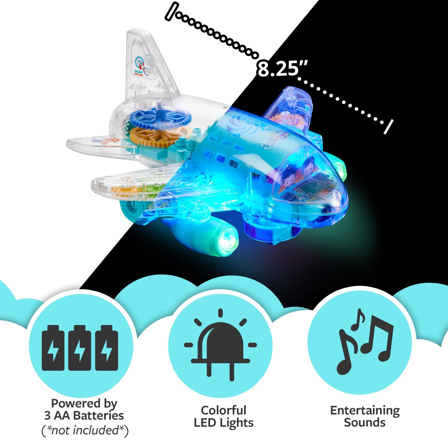 Playbees Light Up Transparent Gear Airplane Kids Bump and Go Autism Toys Colorful Moving Gears with Music and LED Effects Toddler Boy Toys Ages 3+