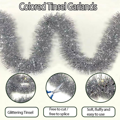 33Ft Christmas Tinsel Garland Shiny Thick Tinsel Xmas Tree Decor Metallic Twist Foil Garland for New Year Parties Birthday Party Thanksgiving Day Parade Floats Indoor Outdoor Supplies - Silver