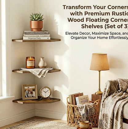 SUYU Set of 3 Floating Corner Shelves, 11.8" Rustic Wood Corner Shelf Wall Mounted, L-Shaped Corner Wall Shelf for Bathroom, Bedroom, Living Room, Kitchen, Office Organizer, Rustic Brown