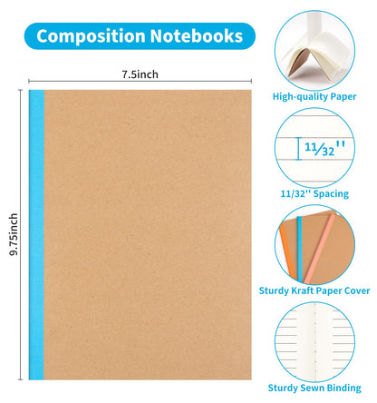 12 Pack Lined Notebook Journals Bulk, 7-1/2" x 9-3/4", Wide Ruled Paper, 30 Sheets/60 Pages, Kraft Cover with Rainbow Spines, 12 Colors Lined Composition Notebook Journal for Work Study Note Taking