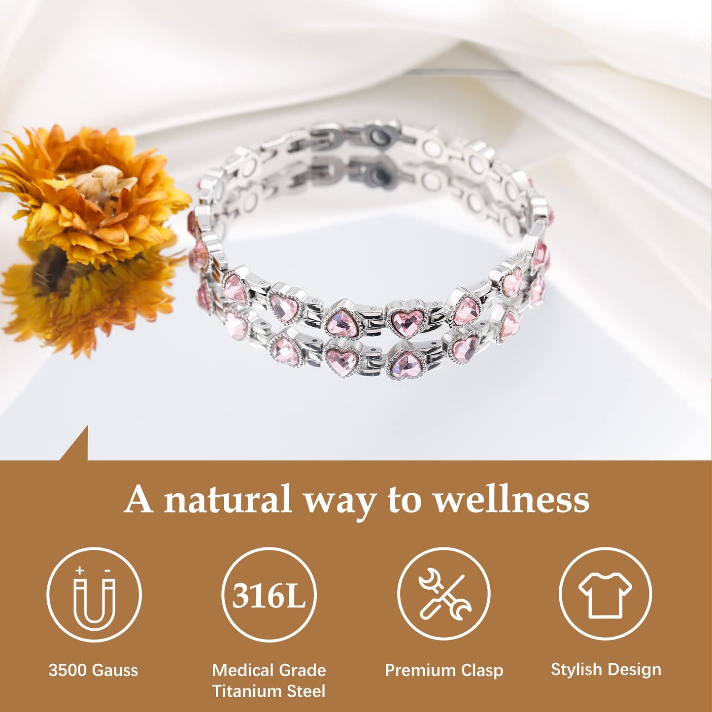 Feraco Magnetic Bracelet for Women Titanium Steel Magnetic Bracelet with Neodymium Magnets & Sparkling Crystals, Christmas Jewelry Gifts (Pink)