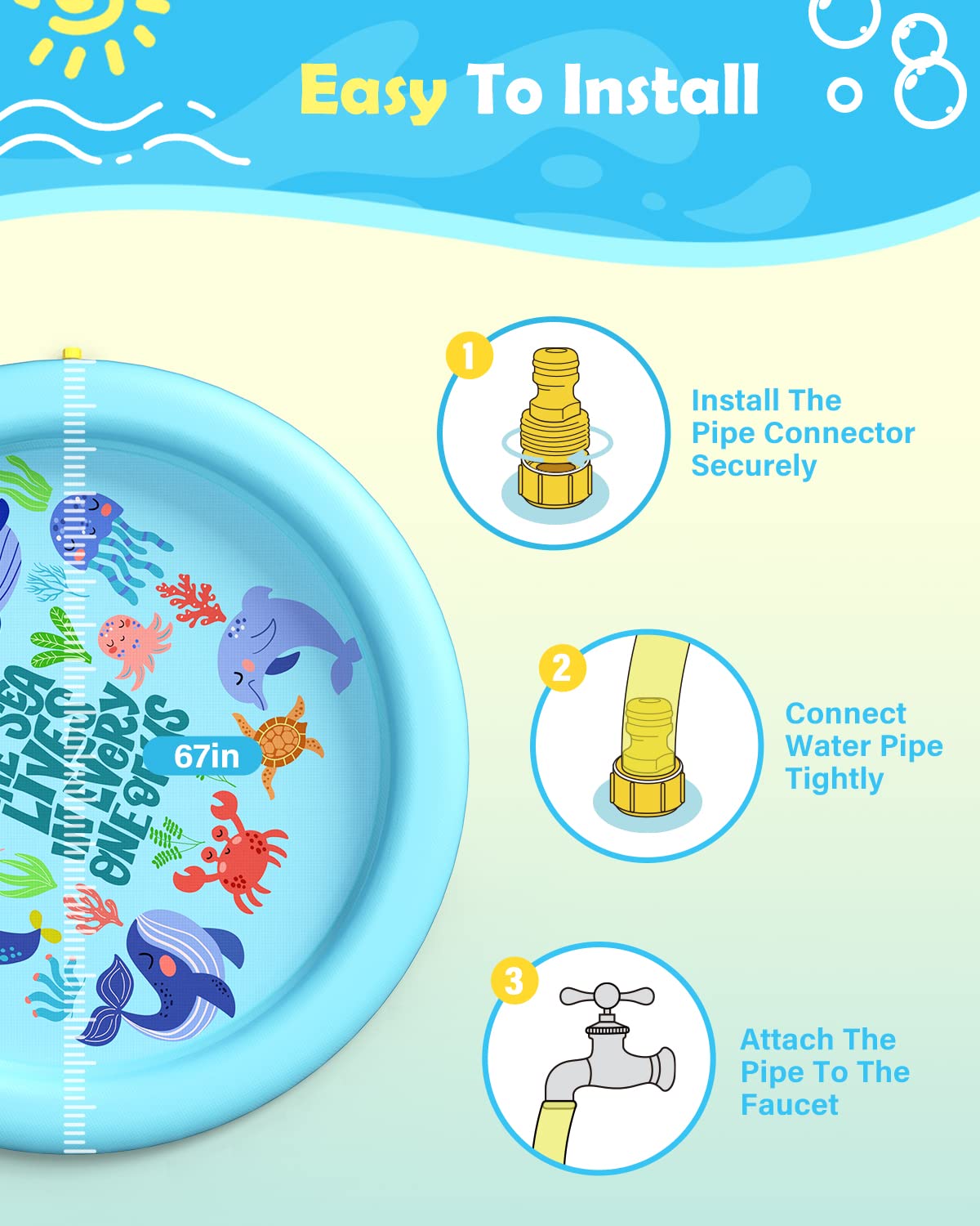 Peteast Anti-Slip Ocean-Themed Splash Pad for Kids and Dogs - 67in 0.58 mm Thicken Sprinkler Dog Pool for Summer Outdoor Water Toys - Fun Backyard Play Mat for Children and Pets
