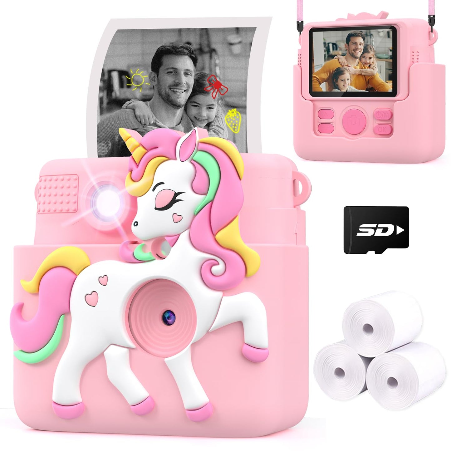 Kids Camera Instant Print with Silicone Cover, Creative Gifts for Girls Age 4-12 Birthday Christmas, 1080P Digital Camera Toy with Memory Card - Pink
