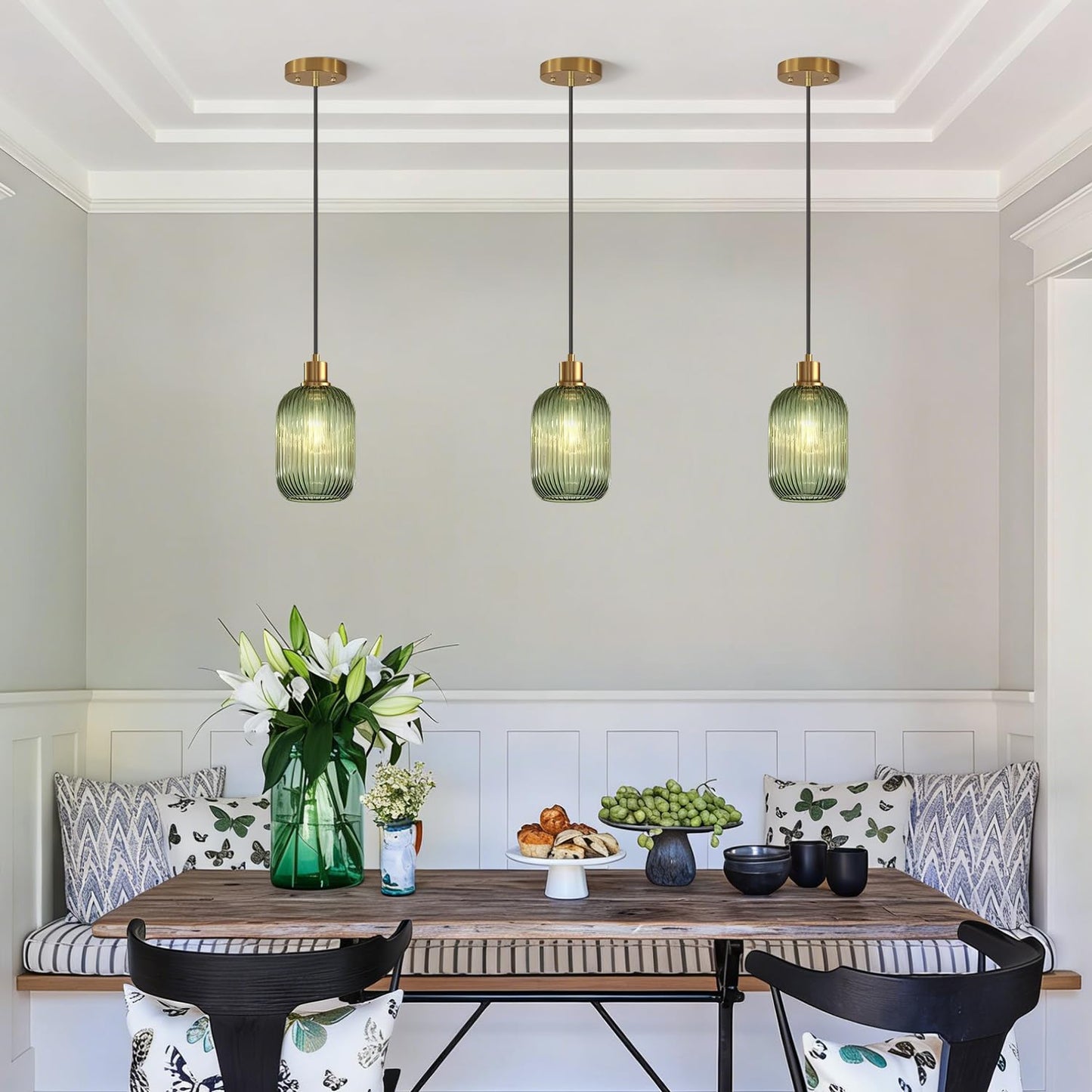 2 Pack Pendant Lights with Vintage Green Ribbed Glass Lampshade, Adjustable Brushed Gold Pendant Lights Fixtures for Kitchen Island Lighting Sink, Dining & Living Room Hallway (Bulbs Not Included)