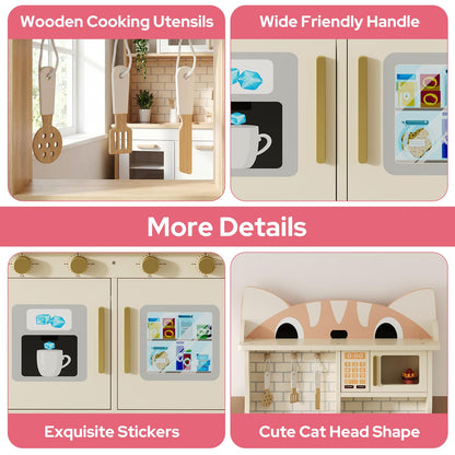 Wooden Play Kitchen for Ages 3-8 Babies, Cat Design Kitchen Playset with Microwave, Stove, Sink, Clicking Knobs, Kids Children Pretend Toy for Boys Girls, White
