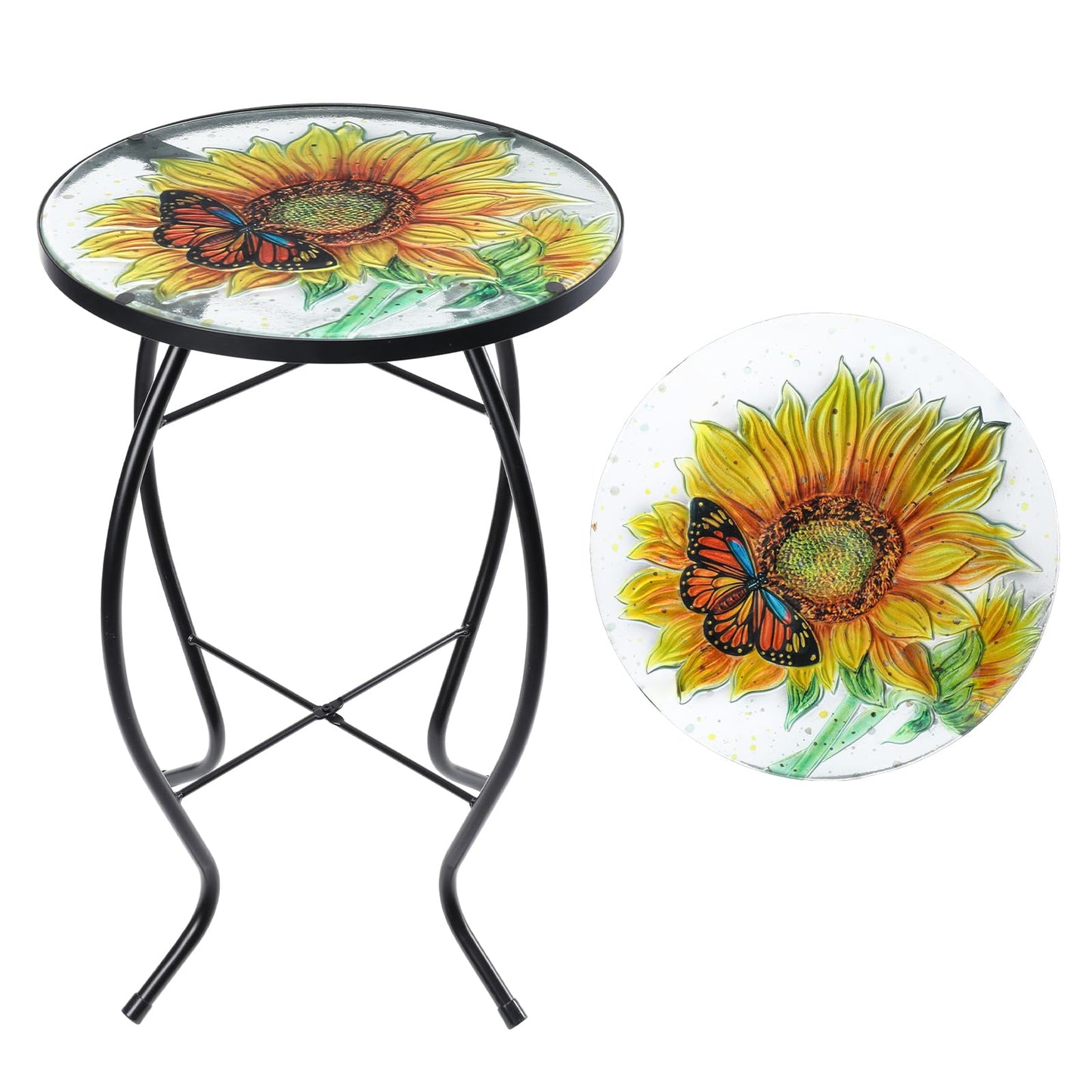 VCUTEKA Patio Side Table Outdoor Accent Table Bistro Coffee Table Plant End Table Small Porch Table Indoor Round Glass Balcony Plant Table Stands Sunflower 14''