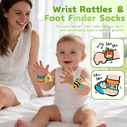 Baby rattles 0-6 Months, Cute Soft Newborn Wrist Rattle Foot Finder Socks Set,Infant Newborn Sensory Toy for 0 3 6 9 12 Months Boys Girls Gift (Insect)