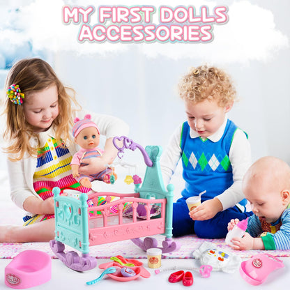 deAO Baby Doll Set with Crib Bed High Chair Stroller Baby Doll Accessories 20 Pieces Play Set Birthday for Girls Boys Kids