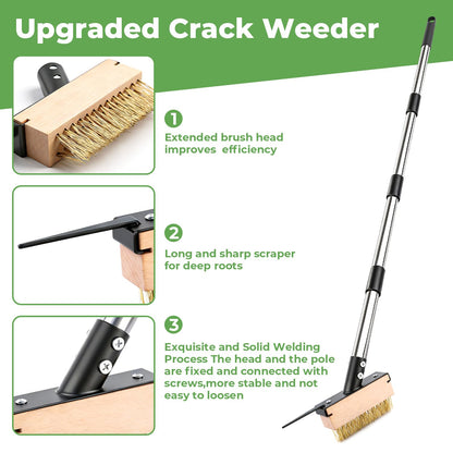 Crack Weeder Tool with 2 Brush Heads,5.1in Extended Metal Crevice Weeding Brush,Weed Moss Remover Tool for Weeding Between Concrete Pavers Decks,Weeding Puller Removal with Long Handle