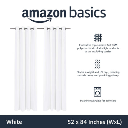 Amazon Basics Room Darkening Blackout Window Curtains 2 Panels with Grommets, for Living Room and Bedroom, 52 x 84 inches, White