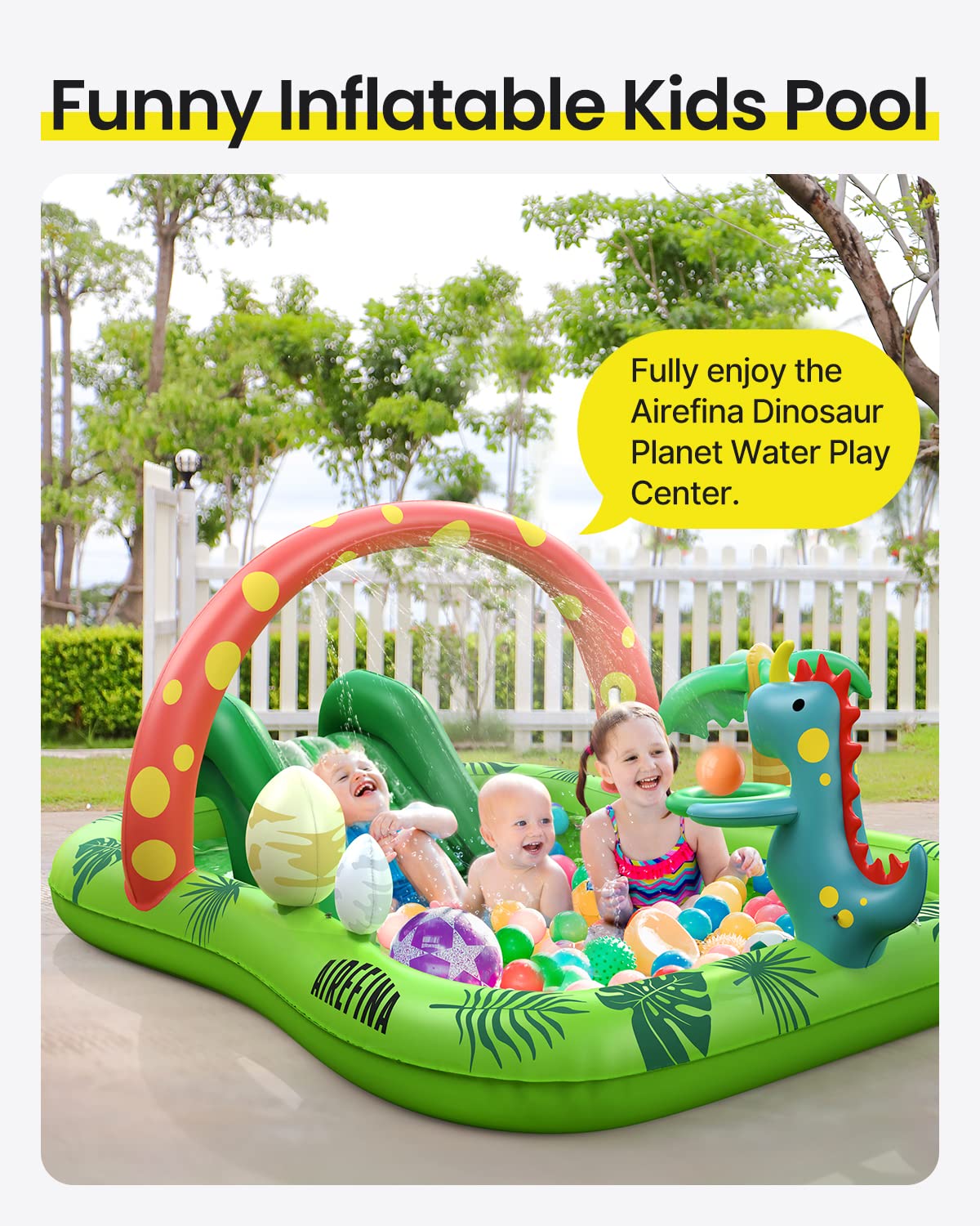 Inflatable Kids Pool, Airefina Dino Planet Inflatable Play Center Kiddie Pool with Water Slide, Ultra Thick 97"x76"x41" Toddler Pool with Play Ball Hoop, for Backyard, Garden, Water Park, Ages 3+