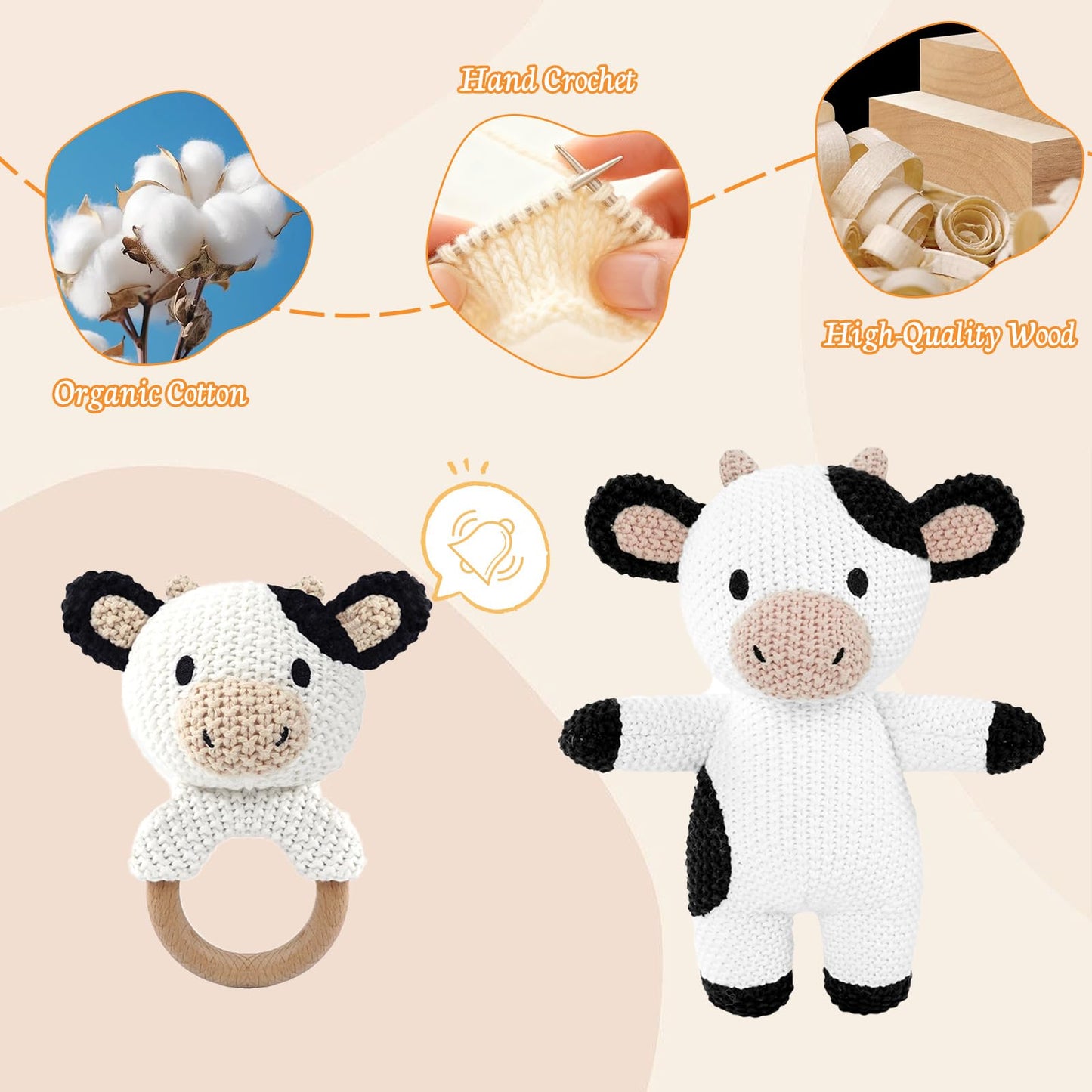 okegztoa 10" Handmade Crochet Cow Stuffed Animal, Baby-Safe Cotton Plush with Rattle, Hypoallergenic Toy for Newborns 0-12 Months, Ideal Baby Shower & 1st Birthday Gift