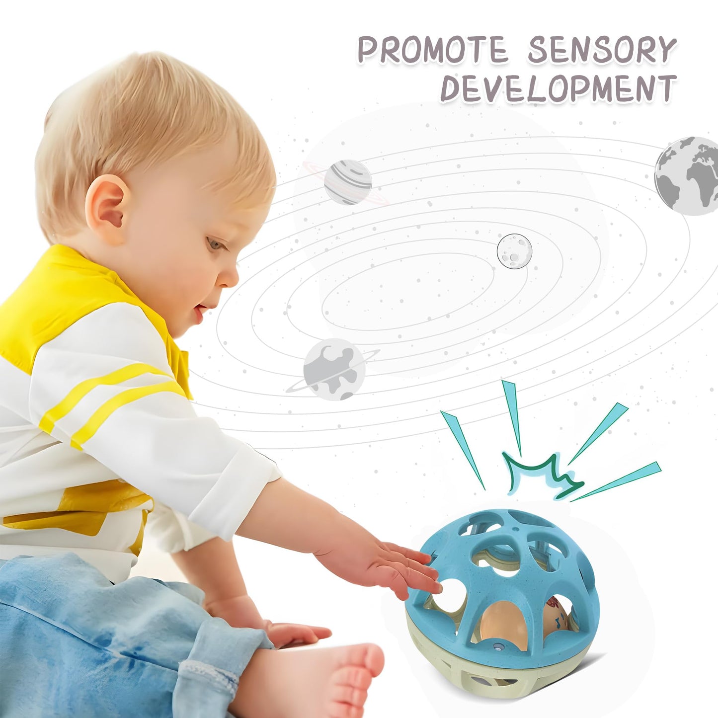 ROHSCE Baby Rattle Ball, Baby Teething Sensory Montessori Toys Soft Chew Toy with Rattles for Babies, Safe Wheat Straw Travel Toys Newborn Gift for Infant Boys Girls 3 6 7 8 9 10 11 12 Months
