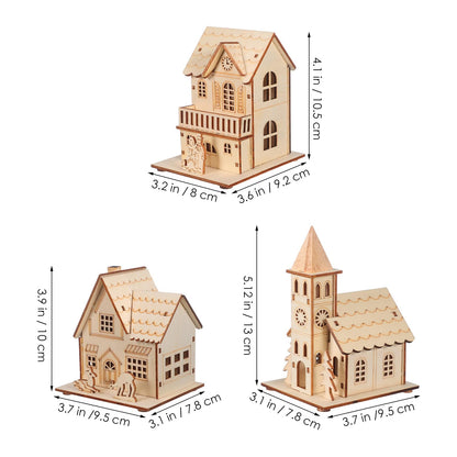 3 Pcs Christmas Village Houses: Led Light Wooden House with Battery, Unfinished Rustic Holiday Village Decor - Perfect for Christmas Table Centerpieces, Xmas Party Decorations,DIY Crafts