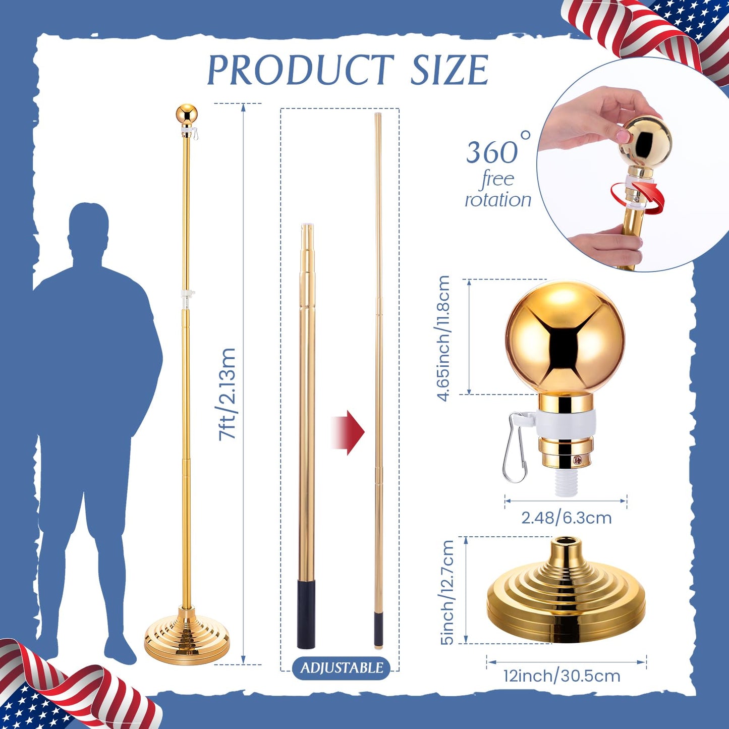 Zonon 4 Pack 7 ft Telescoping Indoor Flag Pole Kit Heavy Duty Flagpole with Ball Topper Flags Stand FlagPole Base Holder for House American Office City Hall School, Gold, Flag Not Included