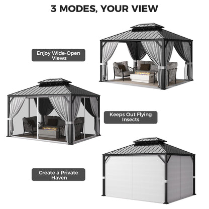 IRONCK 12'x10' Hardtop Gazebo, Update Aluminum Frame Gazebo with Galvanized Steel Double Roof, Outdoor Pergola with Curtain and Net, Backyard Canopy for Garden, Deck, Gray and Black