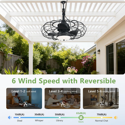 AHAWILL Outdoor Ceiling Fan with Light,20in Gazebo Fan with Remote and APP, 6 Speed,Dimmable 3 Color,Waterproof Cage Fan for Patio,Porch, Pergola,Canopy (dark black)