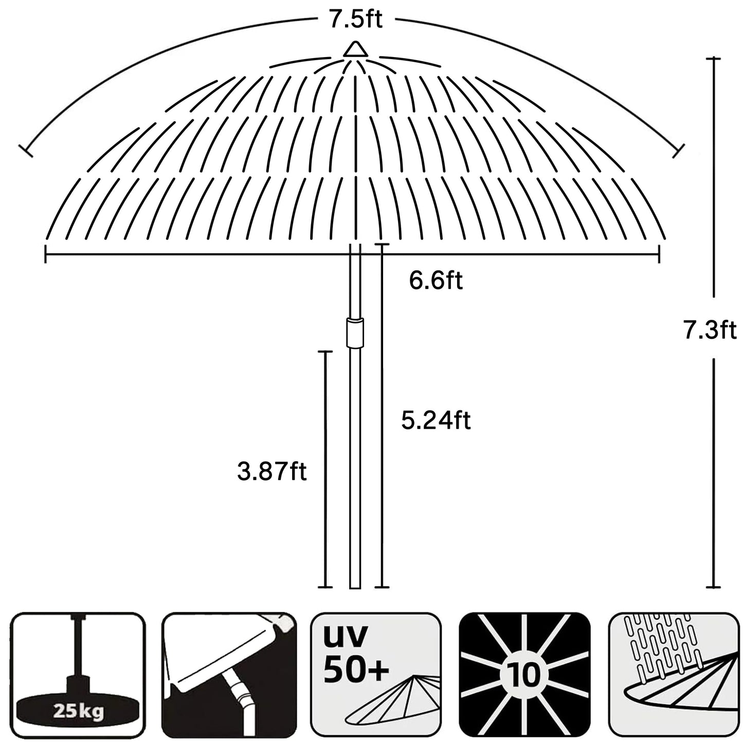 AMMSUN 7.5ft Hula Thatched Tiki Patio Beach Umbrella Hawaiian Style 10 Ribs UPF 50+ with Tilt Carry Bag for Outdoor Tiki Bar, Tropical Palapa, Patio Garden Beach Pool Backyard Natural Color