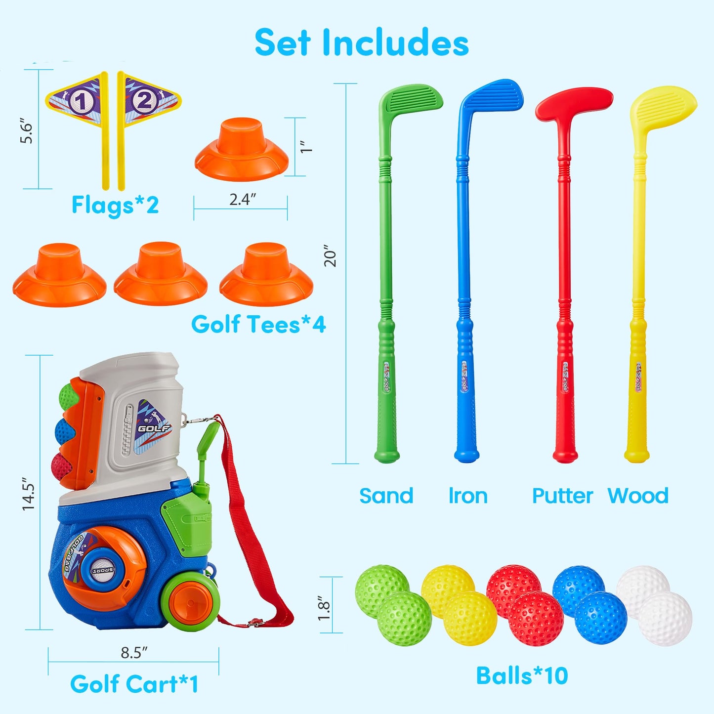 PJG Toddler Golf Set, Plastic Kids Golf Clubs Ages 1 2 3 4 5 Years Old with 4 Golf Clubs and 10 Balls, Indoor and Outdoor Toddler Golf Toys with Cart for Boys and Girls Birthday (Blue)
