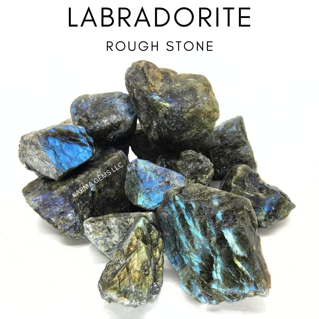 Karma Gems 5 Pcs Labradorite Natural Crystals - Rocks for Tumbling - Raw Cool Agate Crystal Stones - Chakra Healing Gemstones - Meditation and Reiki Stones - Rock Collections for Kids