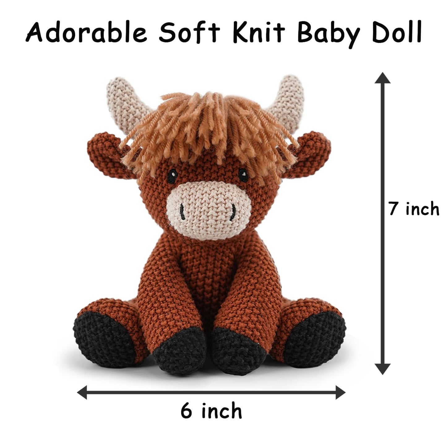 3Pcs Easter Stuffed Animals Toys for Girls 7-8 Inch Cute White Bunny Plush, Cuddly Highland Cattle Toy and Soft Crochet Lion Knitted Cotton Baby Plush Toy Gift for Kids and Newborns, Christmas