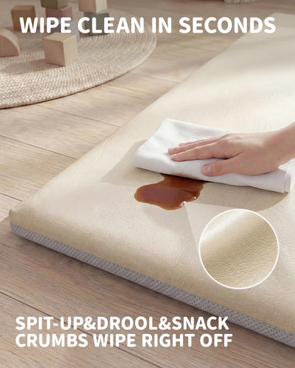 Joypony Baby Play Mat for Floor 50x50, 1.5” Thick Vegan Leather Crawling Mat with Removable Cover, Waterproof Playpen Mat for Infants and Toddlers, Wipe-Clean Kids Playmat, Cream